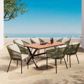 GO 7 Pieces Patio Dining Set, All-Weather Outdoor Furniture Set with Dining Table and Chairs, Acacia Wood Tabletop, Metal Frame, for for Garden, Backy