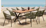 GO 7 Pieces Patio Dining Set, All-Weather Outdoor Furniture Set with Dining Table and Chairs, Acacia Wood Tabletop, Metal Frame, for for Garden, Backy