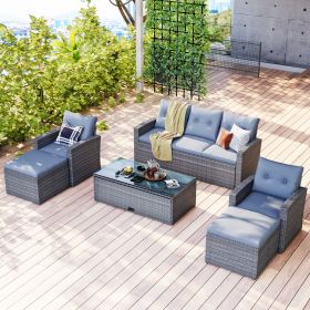 6-piece All-Weather Wicker PE rattan Patio Outdoor Dining Conversation Sectional Set with coffee table, wicker sofas, ottomans, removable cushions (Bl (Color: Gray)