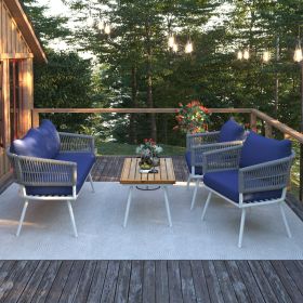 4-Piece Patio Furniture Set, Outdoor Furniture with Acacia Wood Table, Patio Conversation Set with Deep Seating & Thick Cushion for Backyard Porch Bal (Color: Navy Blue)