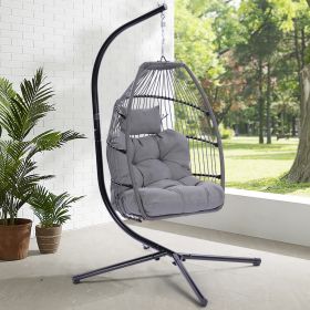 Outdoor Patio Wicker Folding Hanging Chair,Rattan Swing Hammock Egg Chair With Cushion And Pillow (Color: Gray)