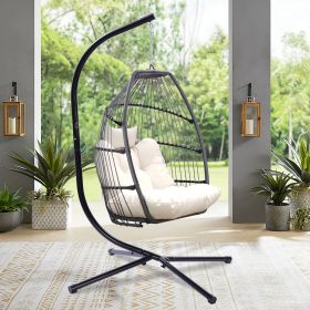 Outdoor Patio Wicker Folding Hanging Chair,Rattan Swing Hammock Egg Chair With Cushion And Pillow (Color: Light beige)