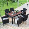 7-Piece Outdoor Patio Dining Set, Garden PE Rattan Wicker Dining Table and Chairs Set, Acacia Wood Tabletop, Stackable Armrest Chairs with Cushions