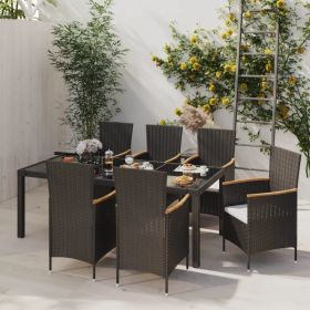 7 Piece Patio Dining Set with Cushions Poly Rattan Black (Color: Black)