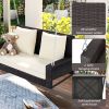 2-Person Wicker Hanging Porch Swing with Chains; Cushion; Pillow; Rattan Swing Bench for Garden; Backyard; Pond. (Brown Wicker; Beige Cushion)