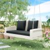 2-Person Wicker Hanging Porch Swing with Chains; Cushion; Pillow; Rattan Swing Bench for Garden; Backyard; Pond. (Brown Wicker; Beige Cushion)