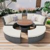 Patio 5-Piece Round Rattan Sectional Sofa Set All-Weather PE Wicker Sunbed Daybed with Round Liftable Table and Washable Cushions for Outdoor Backyard