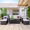 6-piece All-Weather Wicker PE rattan Patio Outdoor Dining Conversation Sectional Set with coffee table, wicker sofas, ottomans, removable cushions (Bl