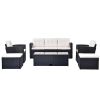 6-piece All-Weather Wicker PE rattan Patio Outdoor Dining Conversation Sectional Set with coffee table, wicker sofas, ottomans, removable cushions (Bl