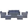 6-piece All-Weather Wicker PE rattan Patio Outdoor Dining Conversation Sectional Set with coffee table, wicker sofas, ottomans, removable cushions (Bl